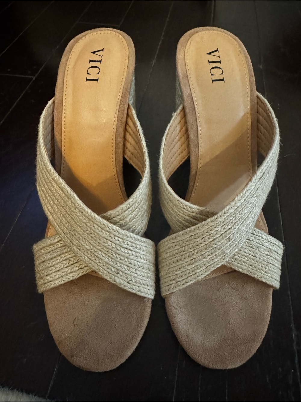 VICI Tan Braided Crossband Slide Mules.  Size 9. 4” heel.